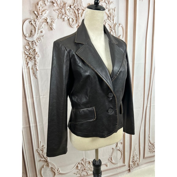 RVT Vintage Clothing Blazer Women's Jacket Brown Faux Leather Button Up Career - Picture 3 of 8
